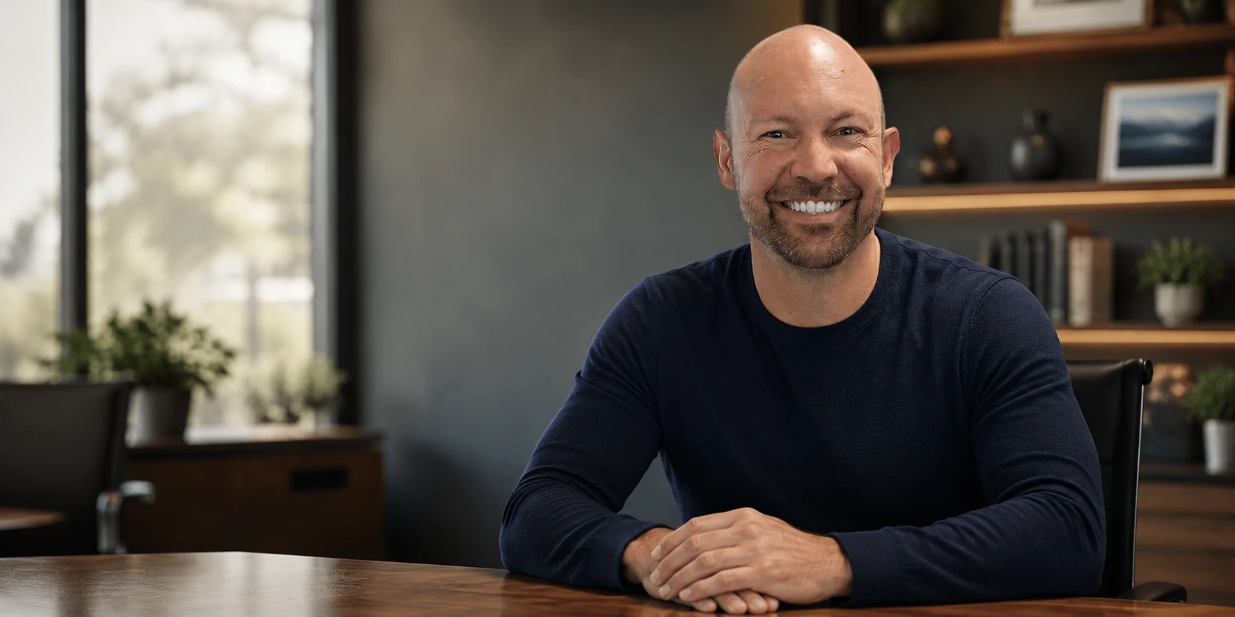 AI-composed portrait concept of Shawn seated at a desk in a warm office