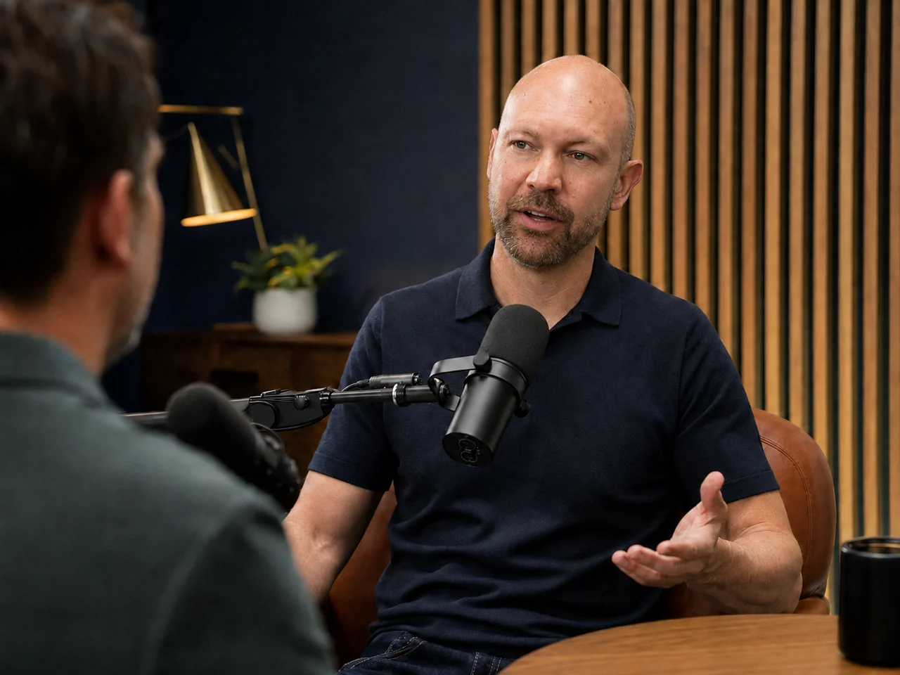AI-created scene of Shawn Way as an interview guest, speaking into a broadcast microphone with an interviewer in the foreground