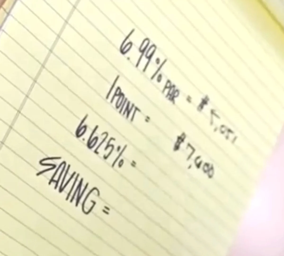 Shawn’s handwritten comparison of the upfront cost of a discount point and the monthly payment